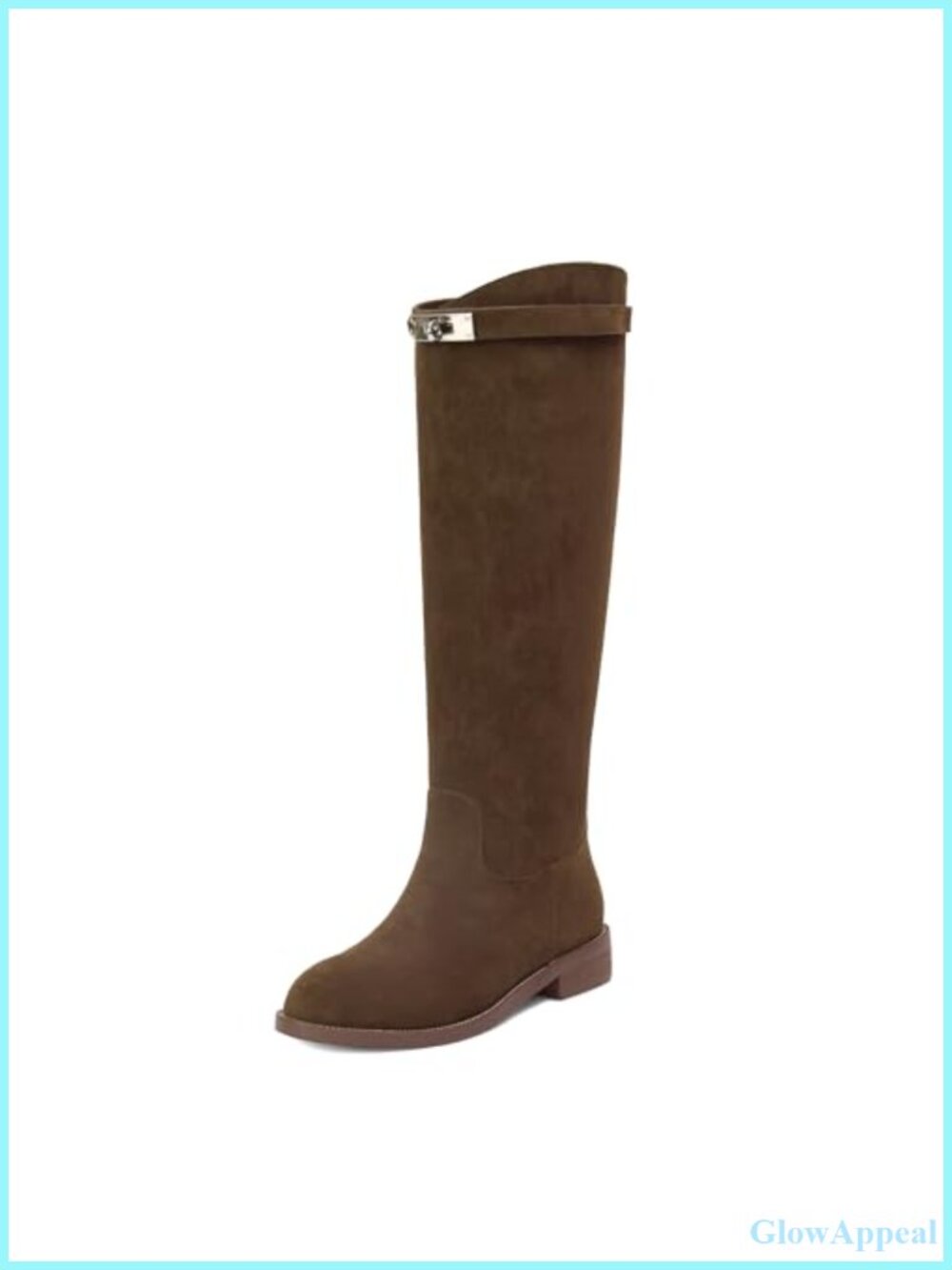 Faux Leather Knee High Riding Boots Round Toe Silver Buckle Block Heel